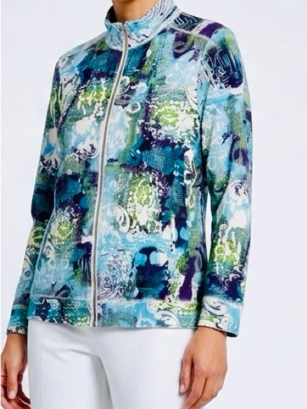 CHICO’S Knit White Blue Green Abstract Zip-Front Jacket w Pockets — #LHP